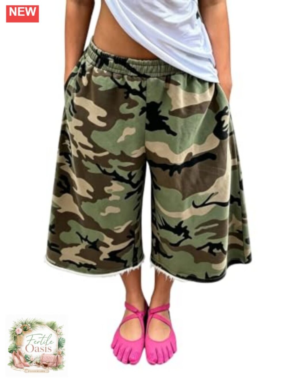 Women Wide Leg Sweat Capri Pants Baggy Camo Bermuda Shorts Jorts Elastic Waist